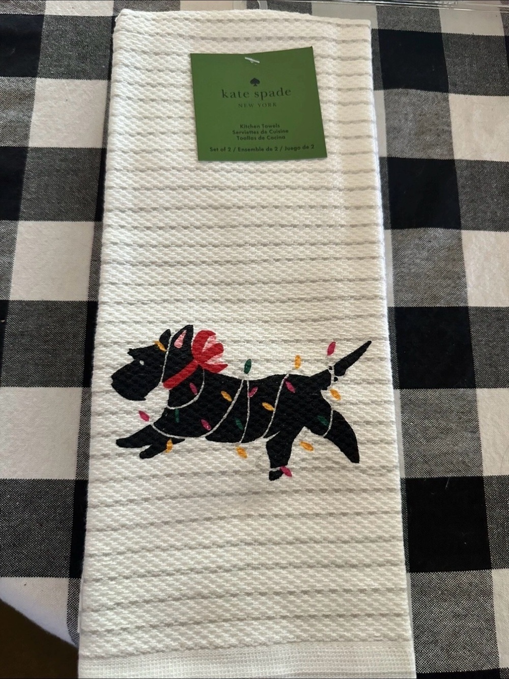 Kate Spade Kitchen Towels 2-pk Christmas Lights w/ Dog NWT Holiday Decor
